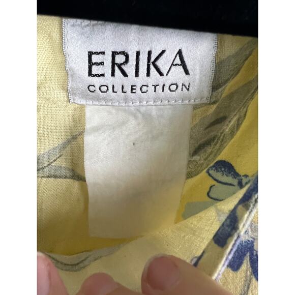 90s Erika Collection Yellow Shift Sleeveless Floral Linen Dress Pockets M/12 - Picture 2 of 6